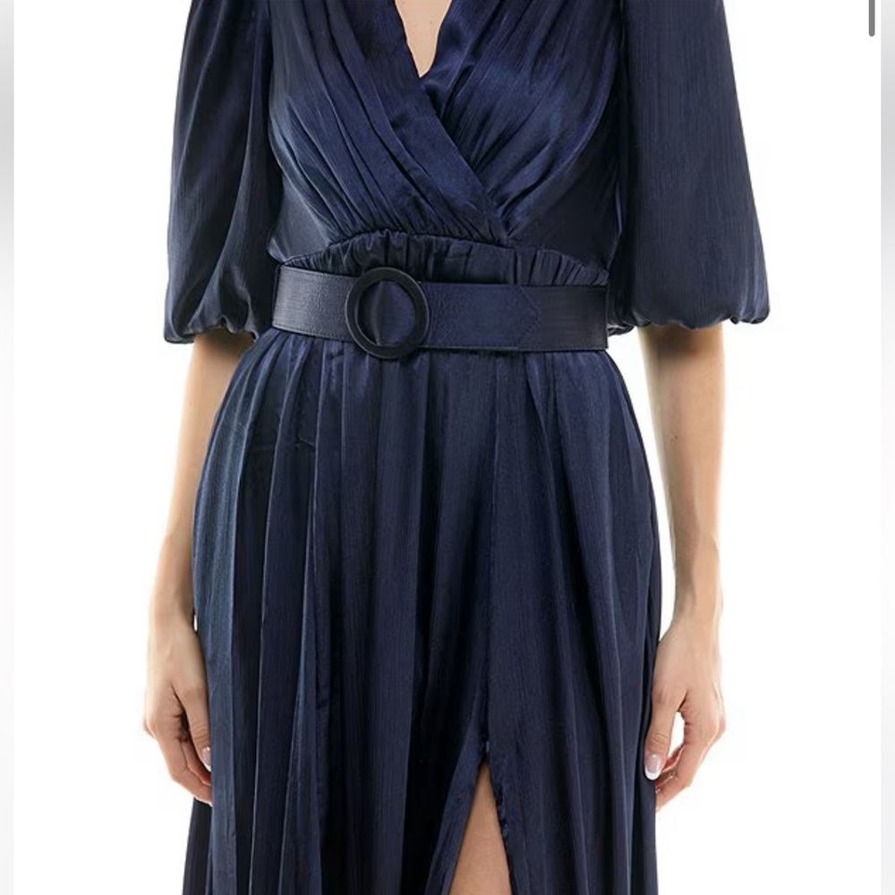 Taylor Satin Crinkle Crepe Surplice V-Neck Elbow Puff Sleeve Belted Maxi Dress 2 - Picture 3 of 9